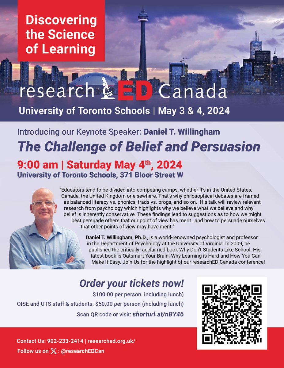 Last Call - for Tickets - to researchED Toronto: Our keynote speaker Dan T. Willingham is the pied piper for 'Discovering the Science of Learning,' May 3-4/24 at University of Toronto Schools. Eight headliners and 28 presenters from Canada, the US, UK, and Chile! #ONTed