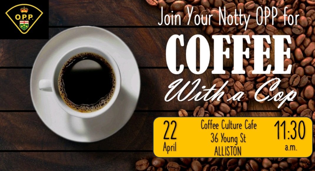 Join #NottyOPP for Coffee with a Cop! Our new detachment commander, Inspector David McLagan, along with Operations Manager Staff Sergeant Kevin Bucknor, will be there to answer your questions, address concerns, or just have a chat over a sip of coffee. See you there. ^jo