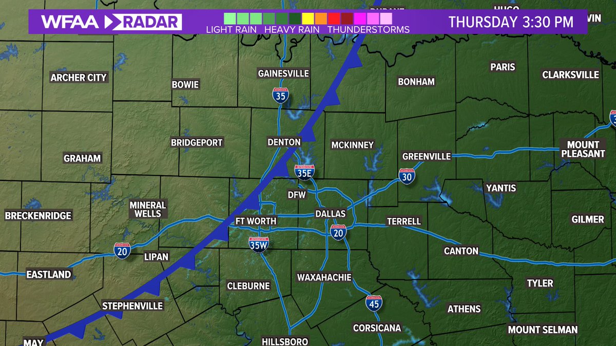 3:30pm update: A cold front is pushing through DFW from west to east. As of now, no storms have developed. If storms develop, it'll be along and east of the cold front. Temps are in the 80s ahead of the front, 70s behind the front. #wfaaweather