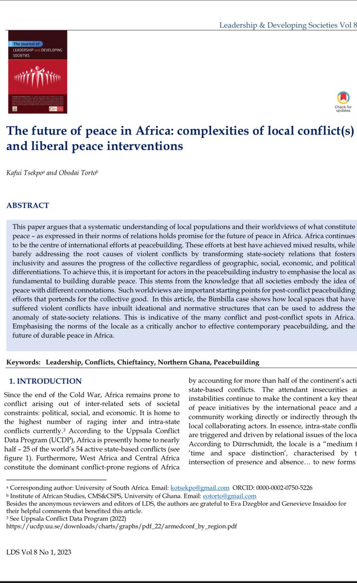 In this article @ObTorto & I examine the feasibility of local norms of relations in building effective peace in Africa using the Bimbila conflict in Northern Ghana as a reference case. Full article can be accessed at: leadershipandsocieties.com/index.php/lds/…