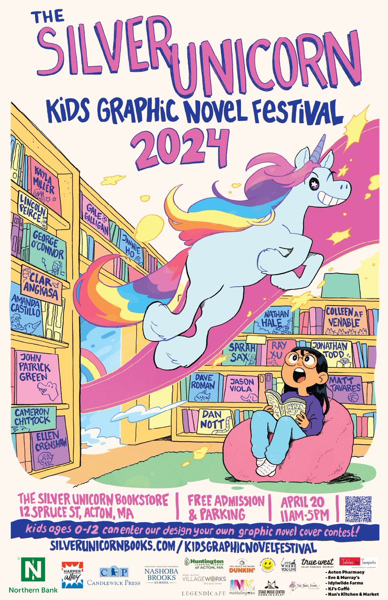 The Silver Unicorn🦄KIDS Graphic Novel Festival ⭐️2024 is this Saturday, 4/20 11am-5pm! 
FREE Admission & Parking. Take the Train, Ride the Town of Acton Shuttle to the event. 
Enjoy the day in West Acton Village! 
@SilUnicornActon @ActonMAGov 
#ActonMA