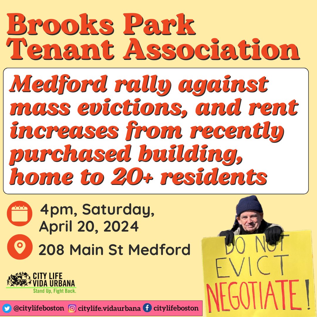 CityLife_Clvu's tweet photo. 🧵‼️ACTION ALERT: Come out this Saturday, 4/20, to rally with the Brooks Park Tenants Association of Medford! This TA includes many Portuguese-speaking tenants resisting mass evictions and rent increases by a new landlord – DAH Medford LLC and Charlesgate Management❌💸. #Medford https://t.co/L7xfXxcq2E