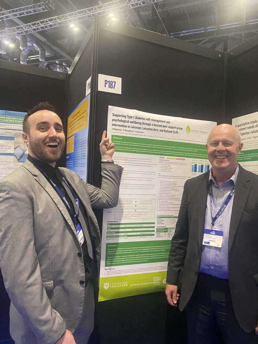 Was nice to present a poster today at #DUKPC2024 that myself, ⁦@drpratikc⁩ and Consultant Ian Lawrence (pictured right) put together about the impact of #t1d peer support🫂🤝 ⁦@LDC_tweets⁩ ⁦@Leic_hospital⁩ ⁦@EDEN_Leicester⁩ #diabeteschat #gbdoc