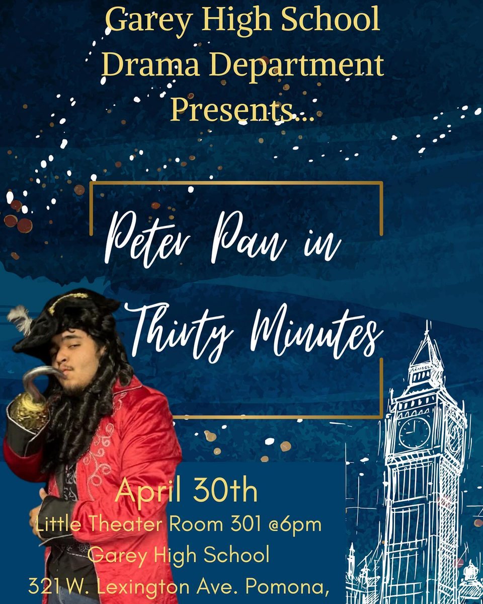 Peter Pan sẽ có mặt tại Nhà hát nhỏ của trường trung học Garey! edl.io/n1914295 #studentsuccessisoursuccess #PomonaUnified #PUSD #ghs