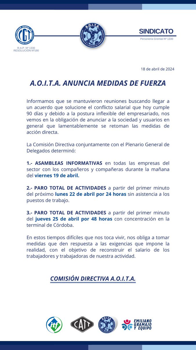 🔴Transporte interurbano de Córdoba: choferes nucleados en AOITA anuncian paro de colectivos interurbanos (y urbanos de localidades del interior) para tres de los cinco días hábiles de la semana próxima. Motivo: “La postura inflexible del empresariado” ante el reclamo salarial.