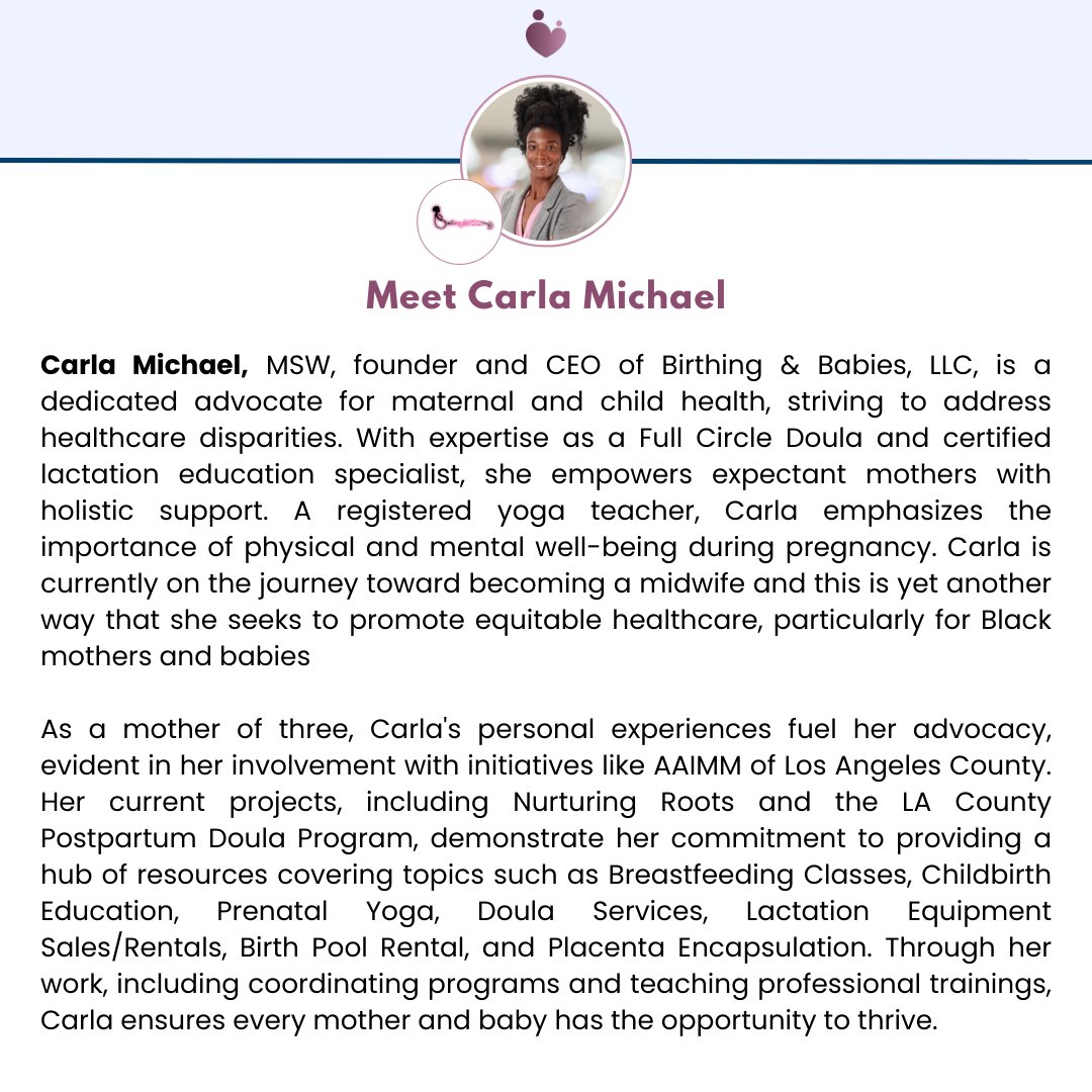 🔦✨Meet Carla Michael, MSW, founder of Birthing & Babies, LLC. Passionate about maternal & child health, she's a Full Circle Doula & certified lactation specialist, dedicated to equitable care. 

#MemberSpotlight