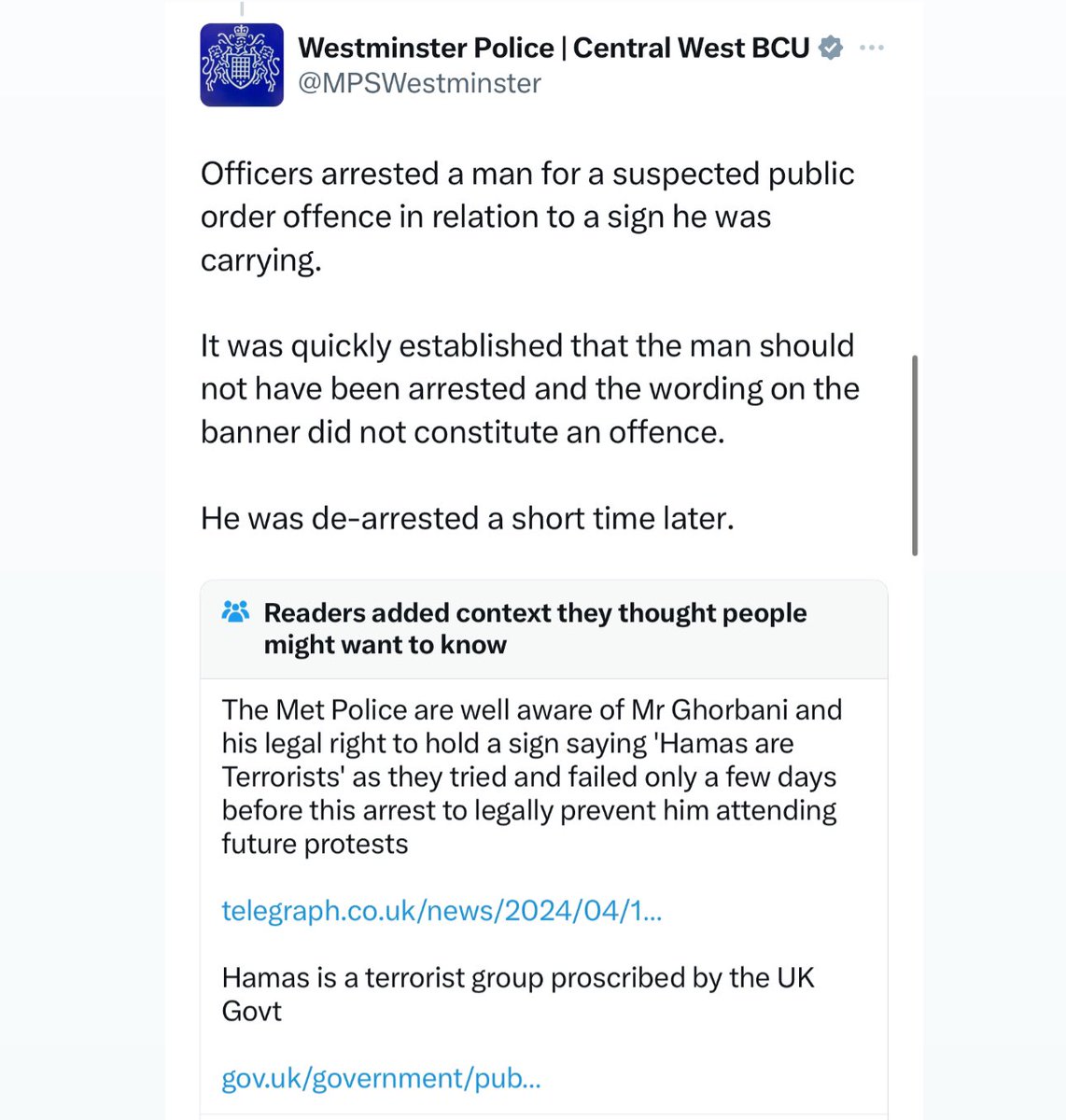 Wow. 

Met Police, would you look at that. 

Once again Community Notes has nailed you.

@metpoliceuk and @MPSWestminster you really have outdone yourself.