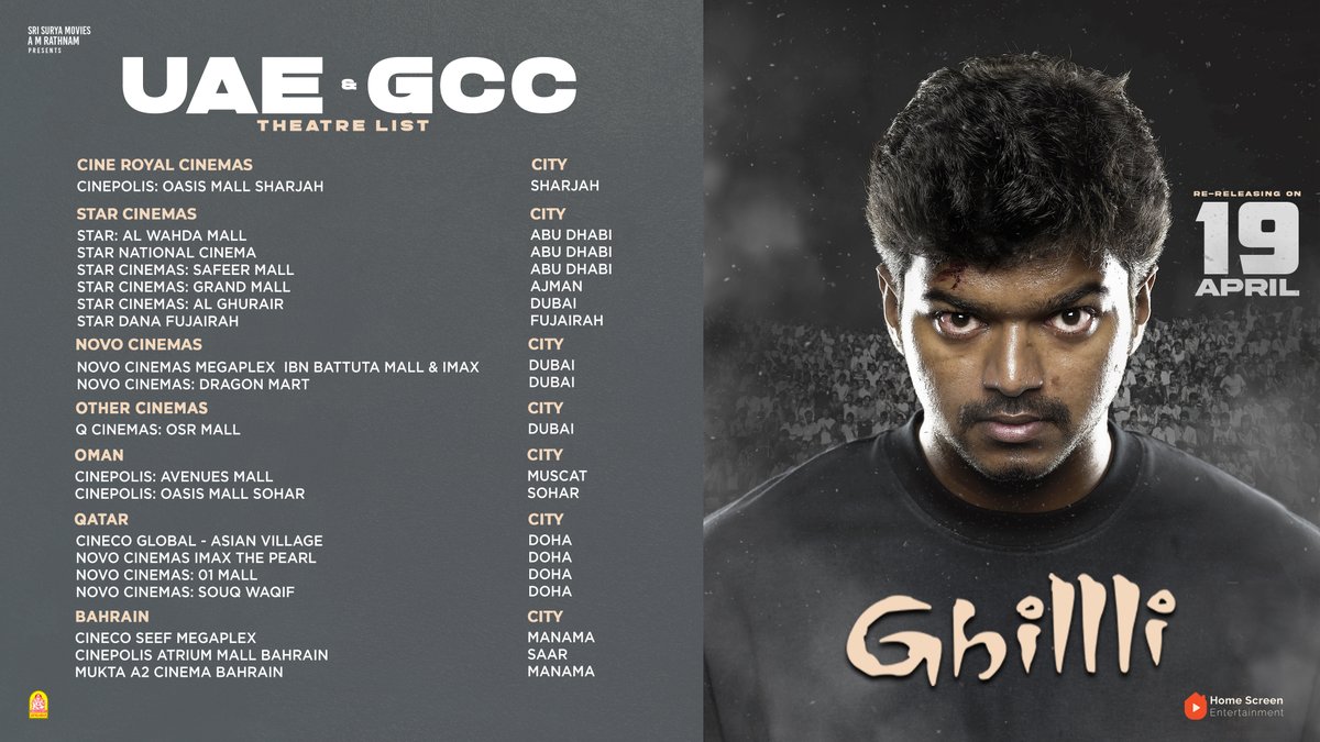 🌟 Exciting news, folks! 🌟 #Ghilli is hitting the screens in #UAE and #Gulf Territory. 🎥✨ Don't miss out on catching #Vijay 's incredible performance starting from tomorrow! 🔥 Grab your popcorn and secure your seats now for a cinematic experience you won't forget! 🎟️