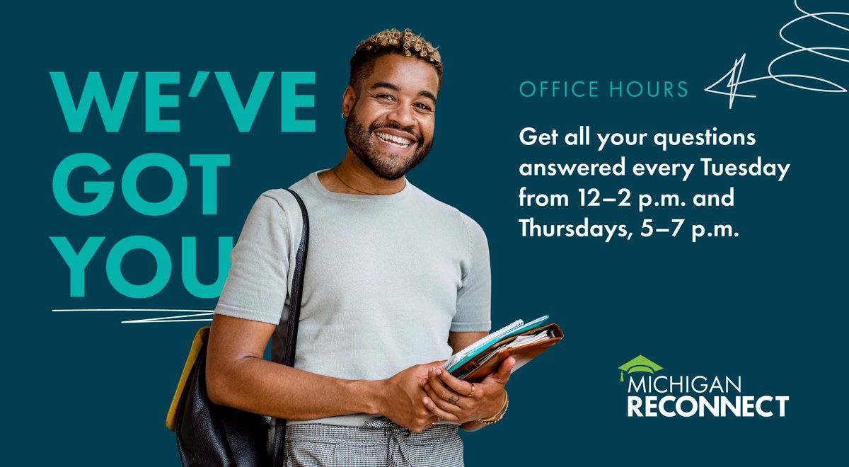 Thanks to #MiReconnect the start of your college journey is just a few steps away! The next important step is completing the FAFSA. You can meet with a Navigator during open office hours every Tues. from 12-2 p.m. or every Thurs. from 5-7 p.m. at bit.ly/ReconnectFAFSA…!