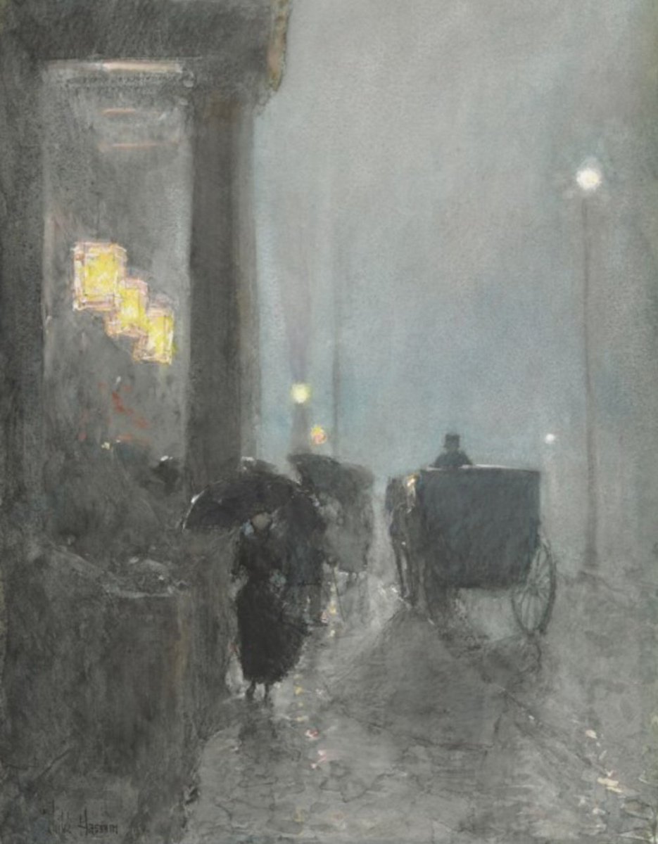 'Fifth Avenue, Evening,' (c1893) depicts an elegant woman navigating a Manhattan sidewalk on a blustery and grey wintry evening. The work references both the restrained colour palette of similar tones found in Hassam's earlier Boston scenes as well as the diagonal, expansive