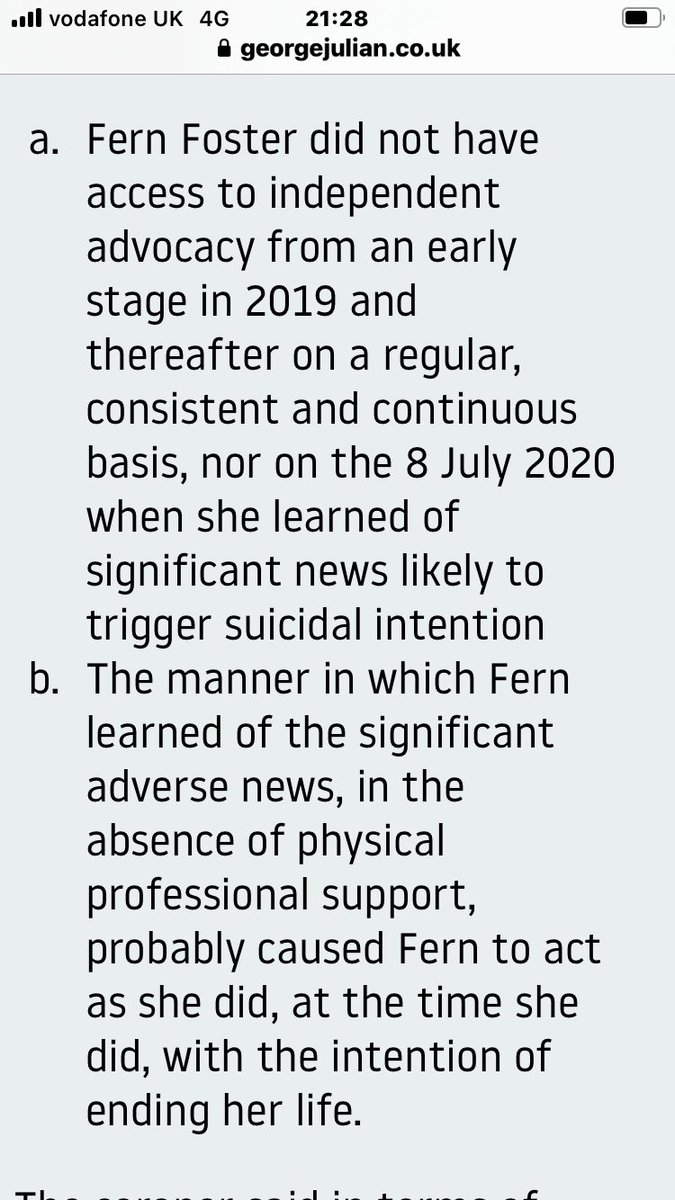 Completely tragic and not the first suicide I know of to have been contributed to by a mother being told her child was to be adopted - after which women are typically simply abandoned by the state which has removed their child. Inquest conclusion on Fern Foster’s death: