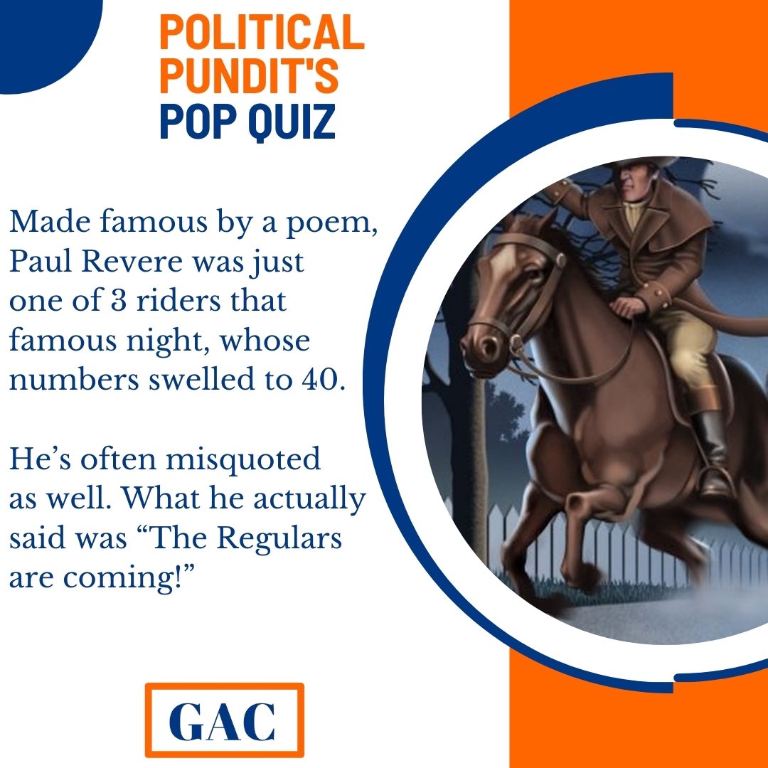 Of course the #politicalpunditspopquiz is about Paul Revere, he made his famous ride on this day in 1775!

#GAC
#PopQuiz
#TriviaTime
#georgearzt
#GACPopQuiz
#TriviaThursday
#georgearztcommunications