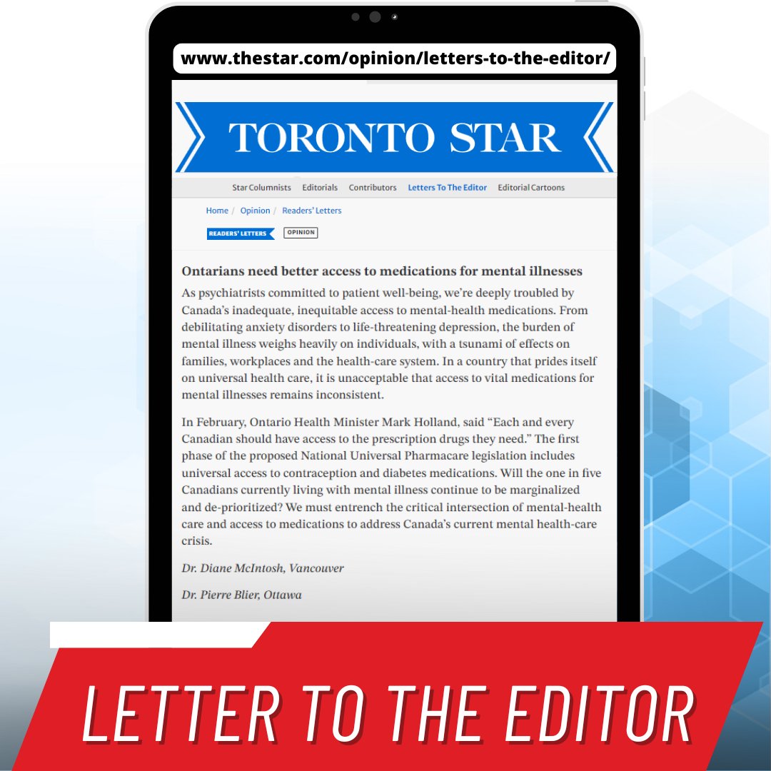 @MoodDisordersCa is pleased to share an Letter-to-the-Editor written by two prominent and committed psychiatrists, @drdianemcintosh and Dr. Pierre Blier, championing access to medications. #SystemBroken #AccessToMeds thestar.com/opinion/letter…