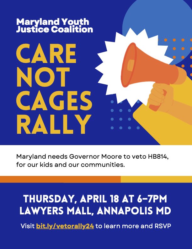 Here comes the sun (and justice for Maryland's children!). Rally with MD Youth Justice Coalition TONIGHT to call on Governor Wes Moore to veto HB814 - a regressive piece of legislation that only harms children, not help them. Click the flyer link to LEARN MORE & RSVP! #mdga24