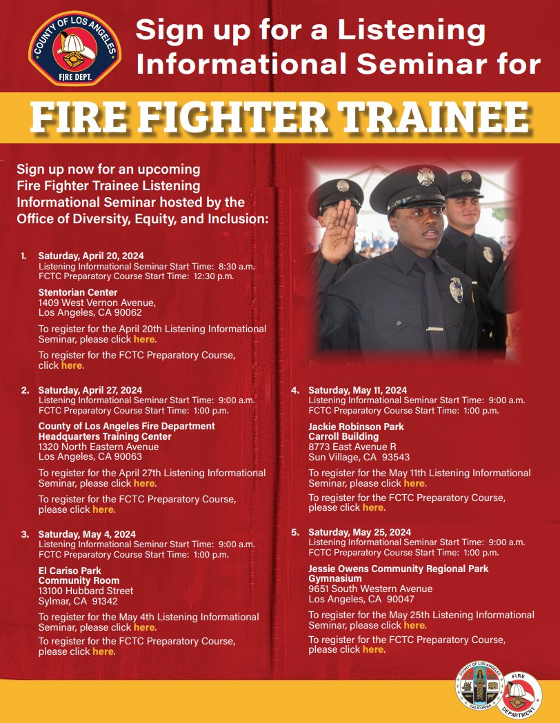 If you're interested in applying to @LACOFD, we recommend that you attend a Fire Fighter Trainee Listening Informational Seminar to learn more about applying and register for the FCTC Preparatory Course! fire.lacounty.gov/be-a-firefight…