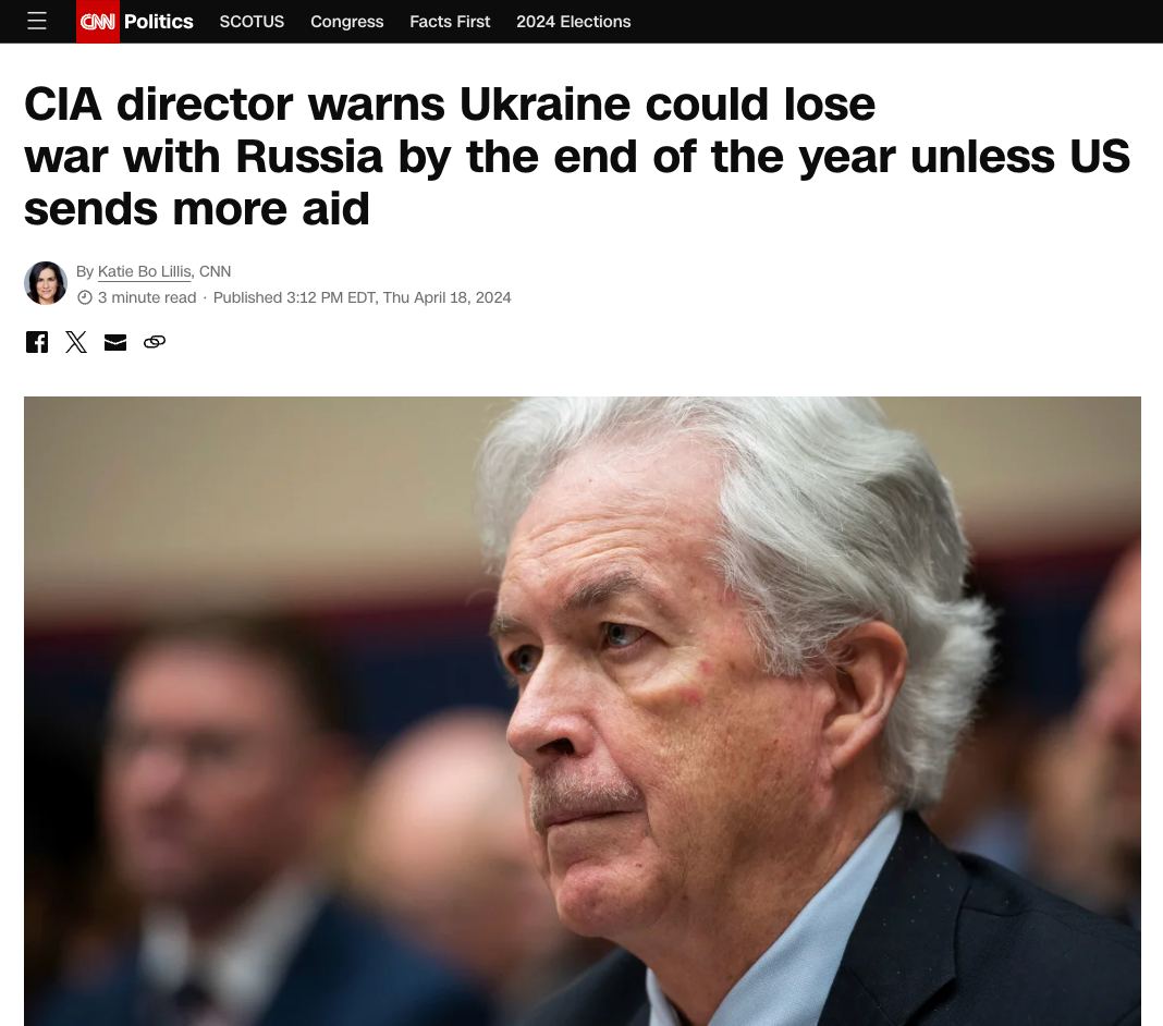 🇺🇦L'Ukraine perdra la guerre d'ici la fin de l'année - Burns, directeur de la CIA Alors que se prépare le vote sur l'aide militaire américaine à Kiev, Bill Burns a déclaré que si les États-Unis n'envoyaient pas de fonds pour aider l'Ukraine, le pays pourrait perdre d'ici la fin…