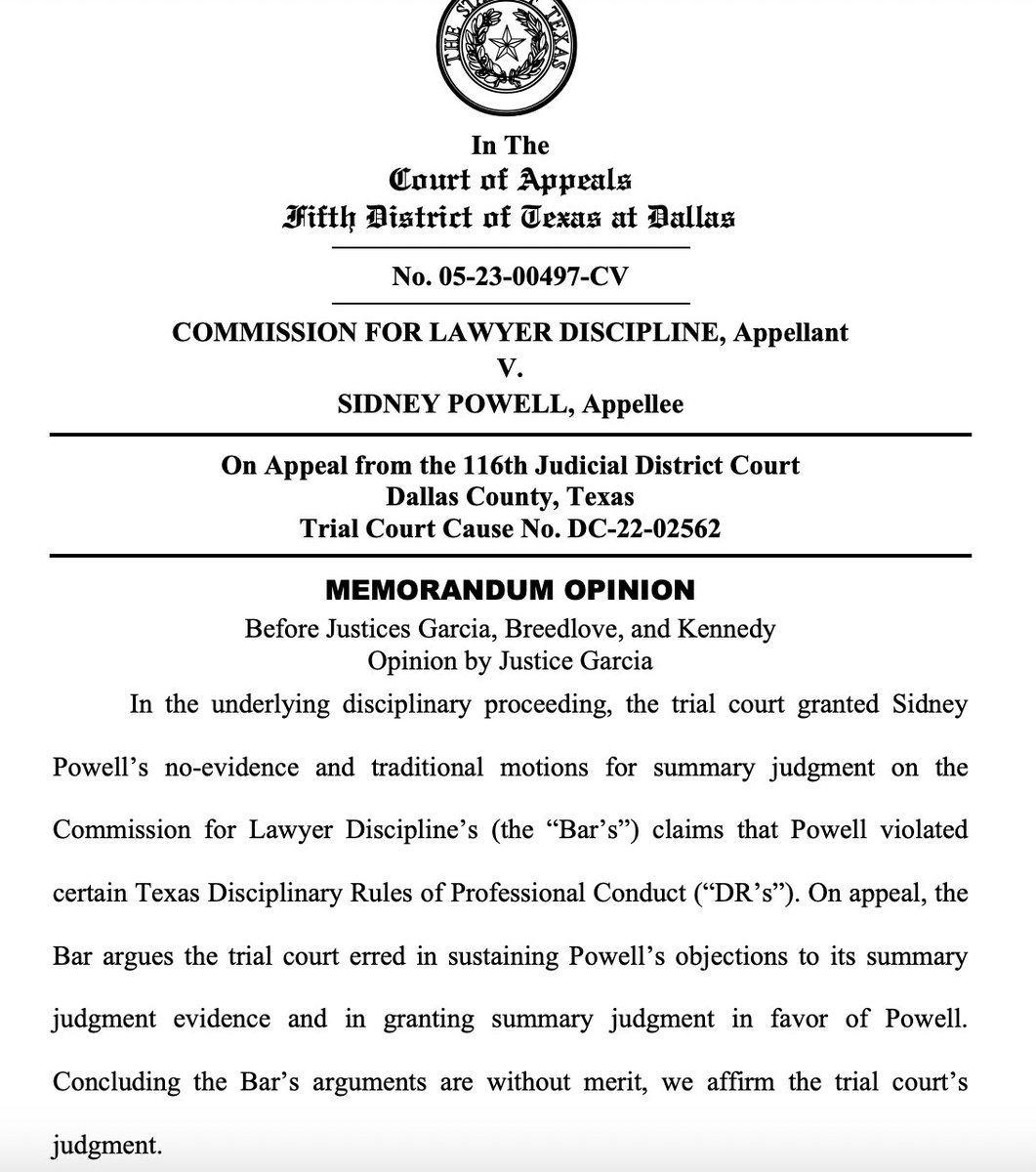 Apparently, in Texas, state bar investigators did such a 'scattershot' job putting together its complaint against Sidney Powell for her role in the 2020 election that an appeals court has thrown the case out. search.txcourts.gov/SearchMedia.as…