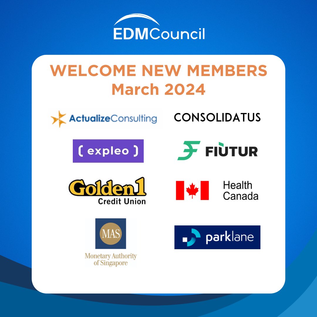 Welcome to the EDM Council, March #NewMembers! Let's give a big EDM family welcome to our newest members! 🌟 - Actualize Consulting - Consolidatus - Expleo - Fiutur - Golden1 Credut Union - Health Canada - Monetary Authority of Singapore - Park Lane