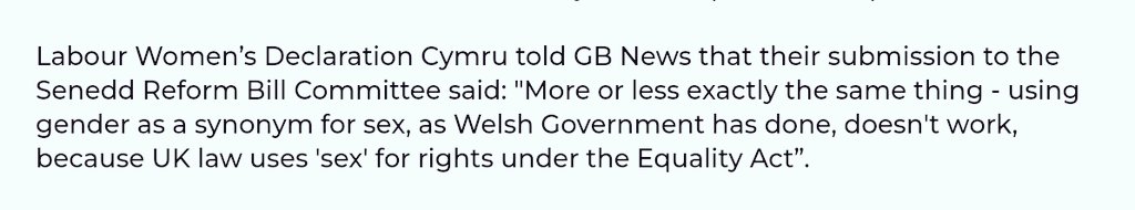 GB News reporting on the proposed Senedd Reform Bill and quoting Labour Women's Declaration Cymru.  #NiFyddMenywodYnDdistaw #WomenWontWeesht 

gbnews.com/politics/trans…