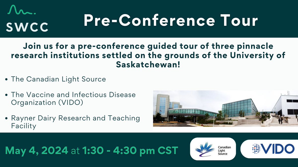 Join us for some pre-conference excitement with a guided tour of: 💡 The Canadian Light Source 💉Vaccine & Infectious Disease Organization (@VIDOInterVac ) 🐄 Rayner Dairy Research & Teaching Facility 🗓️ May 4 at 1:30 PM CST. Register here: sciencewriters.ca/event-5586199