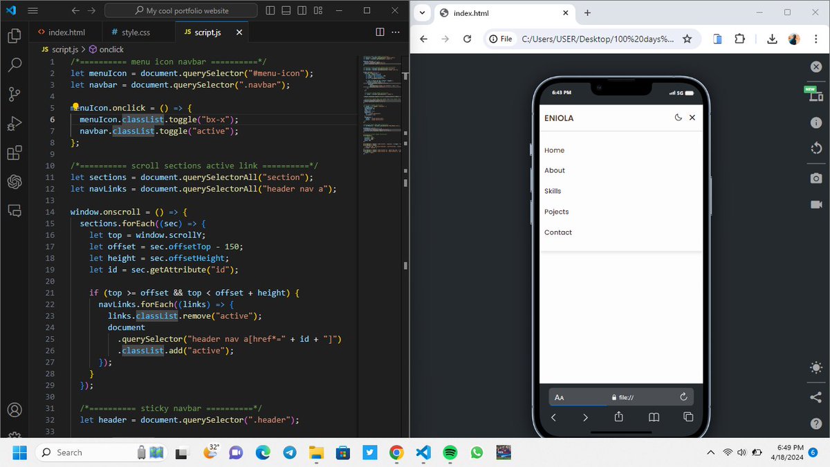 Day 31 & 32 of #100daysofcoding 

My portfolio project in progress.

⭐ Working on the navbar and trying to make it responsive. 

#100DaysOfCode  #buildinpublic #learnbydoing  @omoalhajaabiola