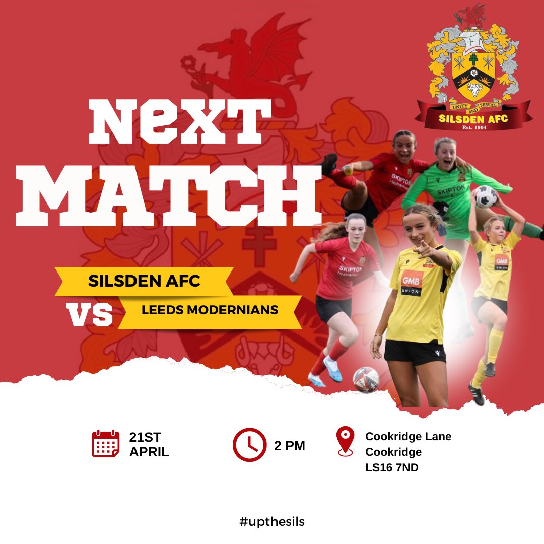 Next Match! 

🆚 Leeds Modernians Women's FC
🏆League
🗓Sunday 21/04/24
⏰2 PM KO
🏟Cookridge Lane 
📍LS16 7ND
🎟️Free 

All support welcome! 

Kindly sponsored by GMB Union, Skipton Health &amp; Fitness &amp; Gasmech (UK). 

#UpTheSils #ourgametoo #thisgirlcan #womensfootball
