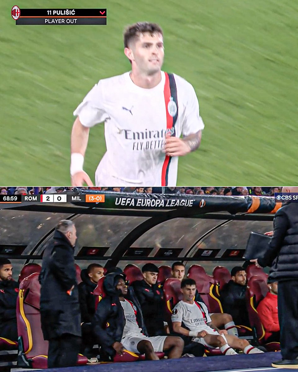 Christian Pulisic and Yunus Musah both came off after 69 minutes for AC Milan, down 2-0 to Roma in the second leg, and about to be eliminated from the Europa League 😔💔