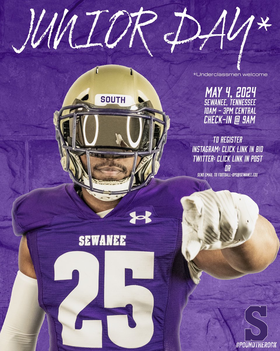@SewaneeFootball is excited to host Junior Day on Saturday, May 4th. Underclassmen are welcome as well. To reserve your spot, please click the link below and complete the registration form. forms.gle/M6DN6bGnzPva3t… Questions? Email football-ops@sewanee.edu