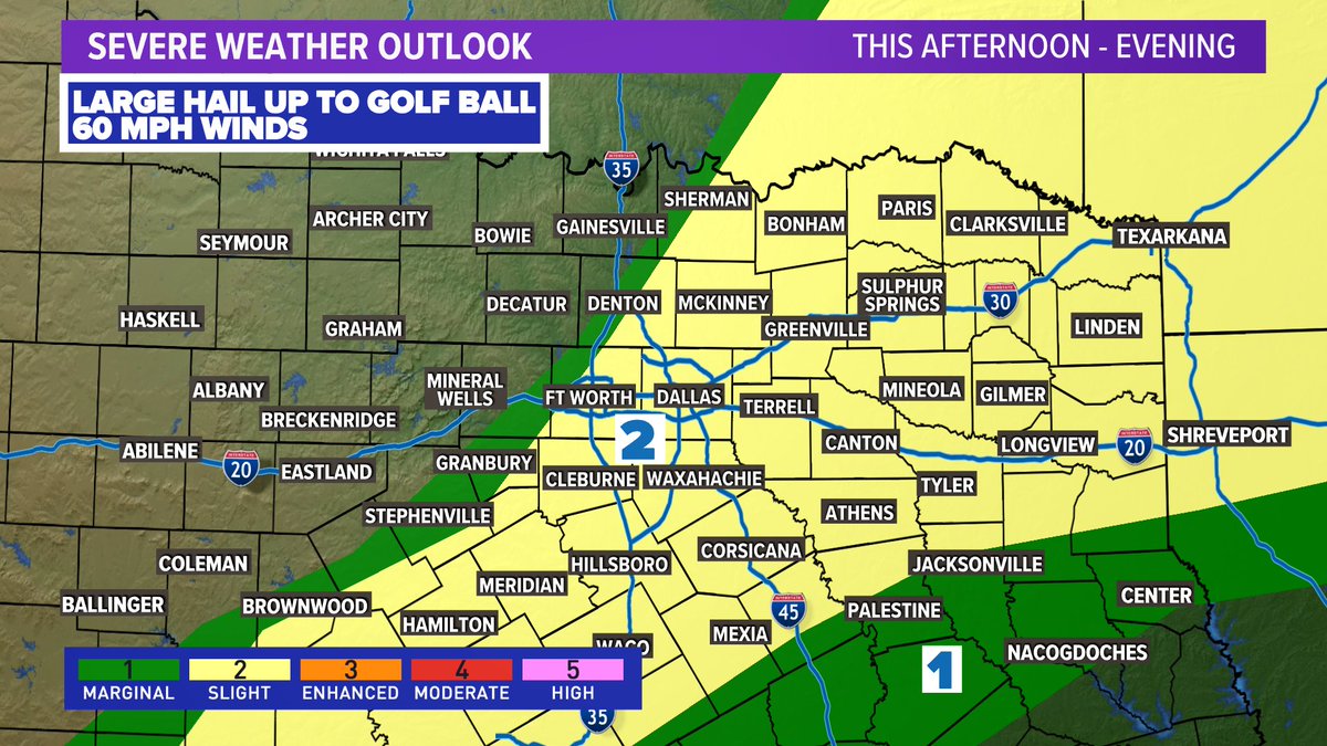 Today's severe weather outlook has been updated to remove counties in western North Texas out of the marginal risk for severe weather. The threat looks slightly higher east of DFW this evening. Storms will be isolated, not everyone sees rain. #wfaaweather