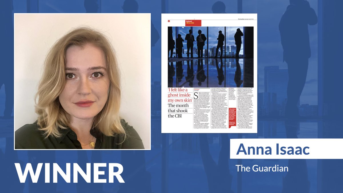 Congratulations to The #PressAwards Business and Finance Journalist of the Year category winner Anna Isaac / @guardian