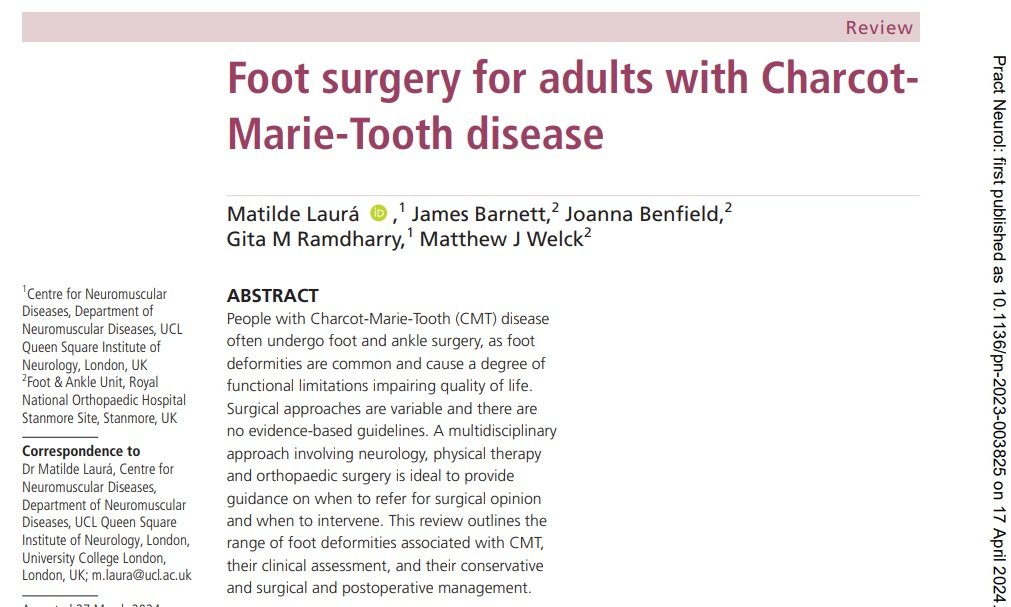 Really pleased this paper is out. A collaborative, recommendation piece from 2 surgeons, 2 physios & a neurologist from 2 specialist centres, sharing our experience on foot surgery for people with CMT 1/3 @cnmdrehab @UCL_QS_CNMD @CMTUnitedKdom @PNSociety1 pn.bmj.com/content/early/…