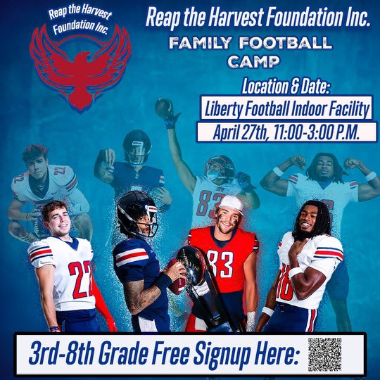 Free Camp for the youth on April 27th! Fellowship for the community will be available as well! Come support some of your Flames as we give back to our younger generation! reaptheharvestfoundation.com/?fbclid=PAZXh0…