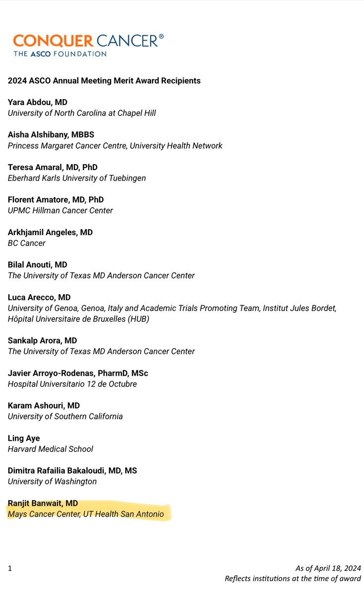Ecstatic to have received @ASCO @ConquerCancerFd Merit Award for our poster abstract at #ASCO24. Grateful for amazing mentorship from @VKaklamani @DrSukeshiArora @mazo_md and Dr. Kate Lathrop @UTHealthSAMDA