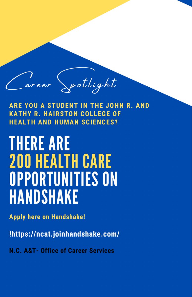 Calling all students in the John R. and Kathy R. Hairston College of Health and Human Sciences there are over 200 opportunities posted on handshake🩺! Explore the limitless career opportunities on the handshake today! 

#ncat24 #ncat25 #ncat26 #ncat27 #ncatsuab