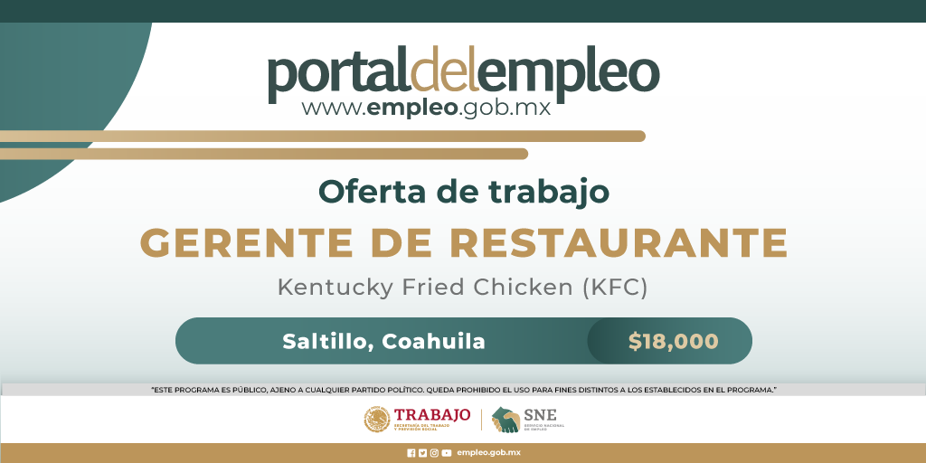 📢 #BolsaDeTrabajo 

👤 Gerente de restaurante en Kentucky Fried Chicken (KFC).
📍Para trabajar en #Coahuila.
💰18,000.00.

Detalles y postulación en: 🔗 goo.su/Idae
📨 andrea.riojas@prb.com.mx

#Trabajo #Empleo #SNE #PortalDelEmpleo