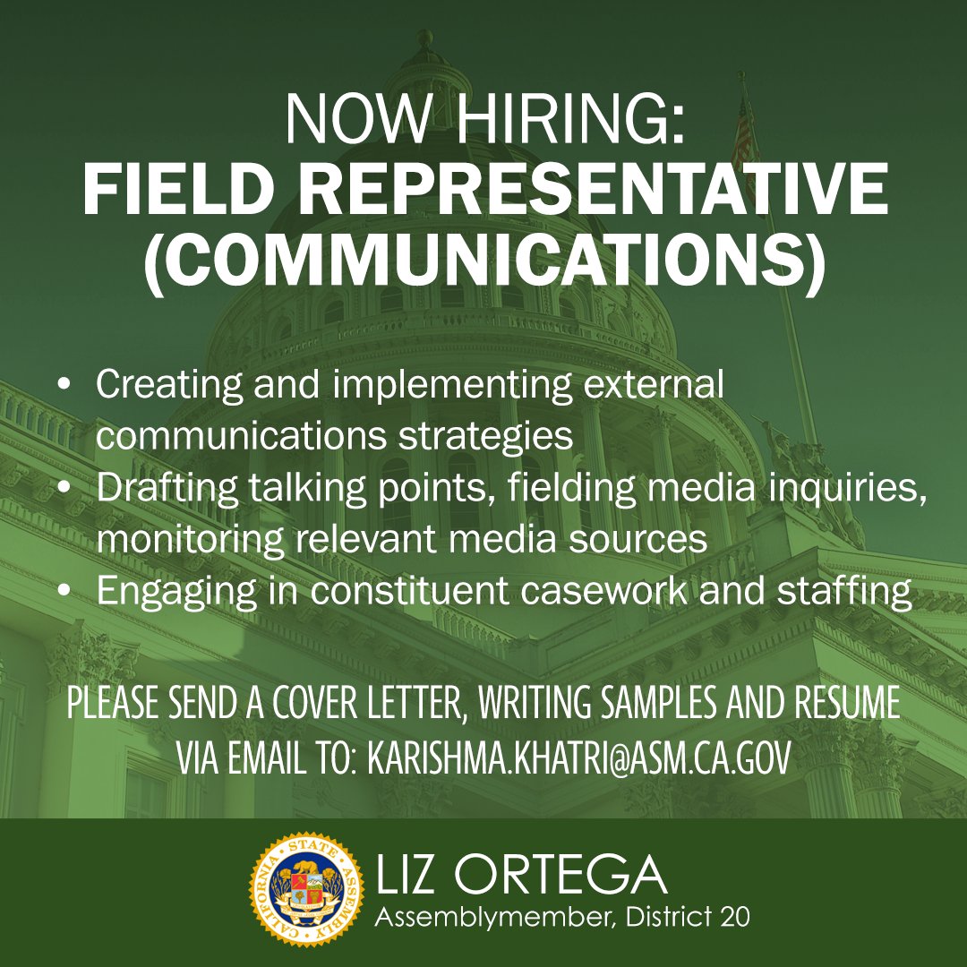 #TeamLiz is hiring! We are looking for a Field Representative. Please find more information at assembly.ca.gov/system/files/f…. #AD20 #CALeg