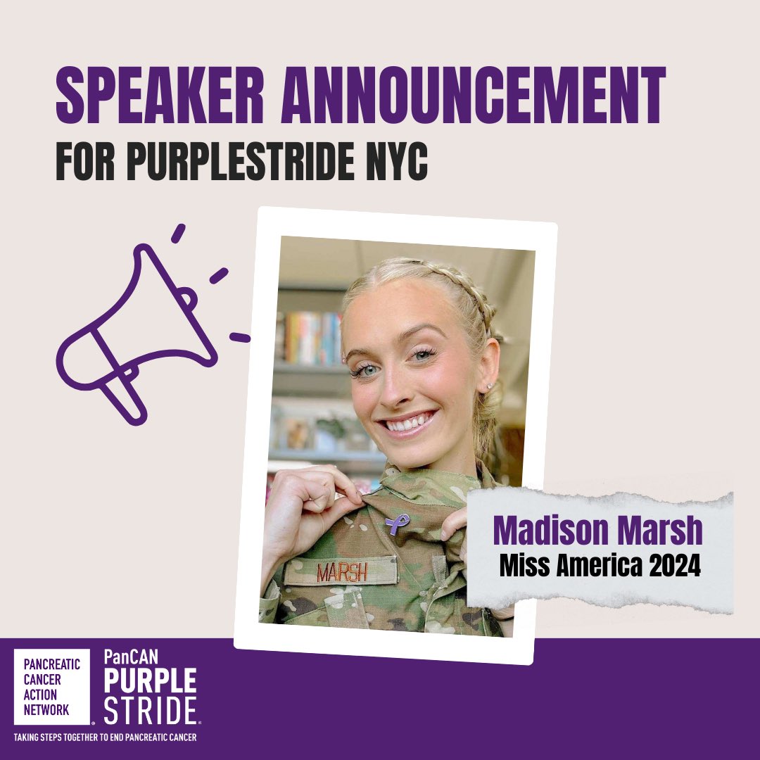 We are thrilled to announce a special guest who will be joining us for #PanCANPurpleStride NYC 2024…

Miss America 2024, Madison Marsh! 

After losing her mother, Whitney, to pancreatic cancer in 2018, Madison has used her voice and platform to raise awareness for the disease 💜