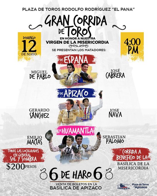Apizaco (Tlaxcala) MEX presentan corrida de la Virgen de Misericordia el 12 de mayo en plaza Rodolfo Rodríguez "El Pana" con toro de De Haro para los españoles Miguel <a href="/M_dePablo/">Miguel De Pablo</a>, <a href="/JoseCabrera000/">Jose Cabrera</a> junto a Gerardo Sánchez, Pepe Nava, Emilio Macías y Sebastián Palomo <a href="/portaltaurino/">Portal Taurino</a>