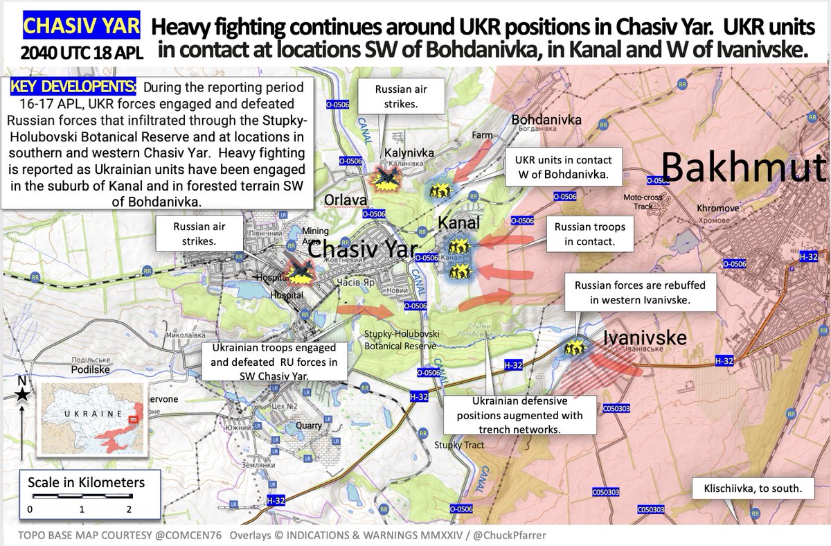 CHASIV YAR /2040 UTC 18 APL/ Heavy fighting continues around UKR positions in Chasiv Yar. UKR units in contact at locations SW of Bohdanivka, in Kanal and W of Ivanivske.