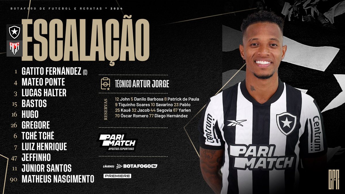 Botafogo's tweet photo. Fogão escalado para enfrentar o Atlético-GO, às 21h30, no Nilton Santos! ⚽️📄 #VamosBOTAFOGO 

Apresentado por @ParimatchBrazil https://t.co/ejHWIgkb2G