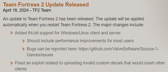 heavyfortres's tweet image. team fortress 2 has been updated to 64-bit! 

- TF2 will receive significant FPS boost around 18-25%. More than when CS:GO and GMOD got ported.

- first major changes to TF2 Valve themselves have made since 2017

- easier for valve 🤞 and modders to work on the game

kinda huge