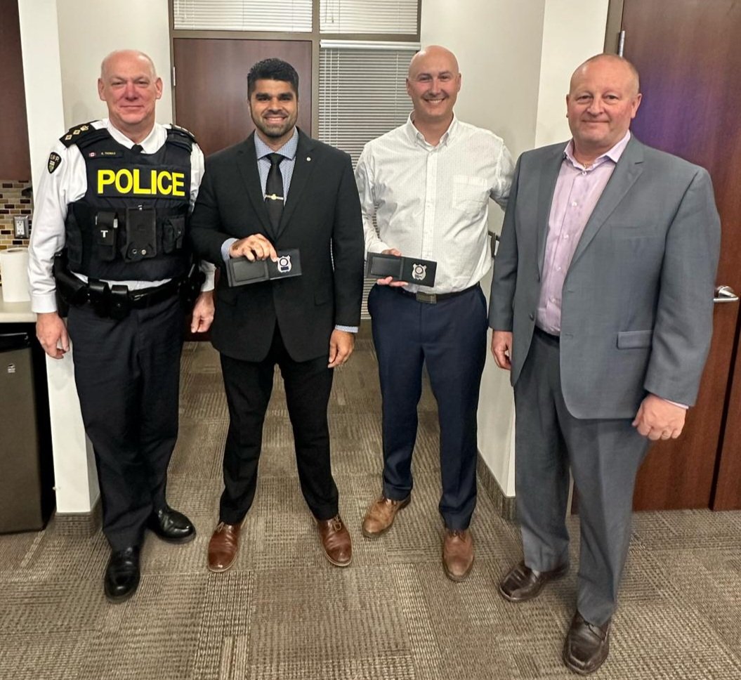 Members of #NottyOPP, along with Chief Superintendent Thomas and Superintendent Ridout, want to officially congratulate Sgt. Mandip Bhamber and Sgt. Michael Ledat on their promotion. #Congratulations to both of you. ^jo