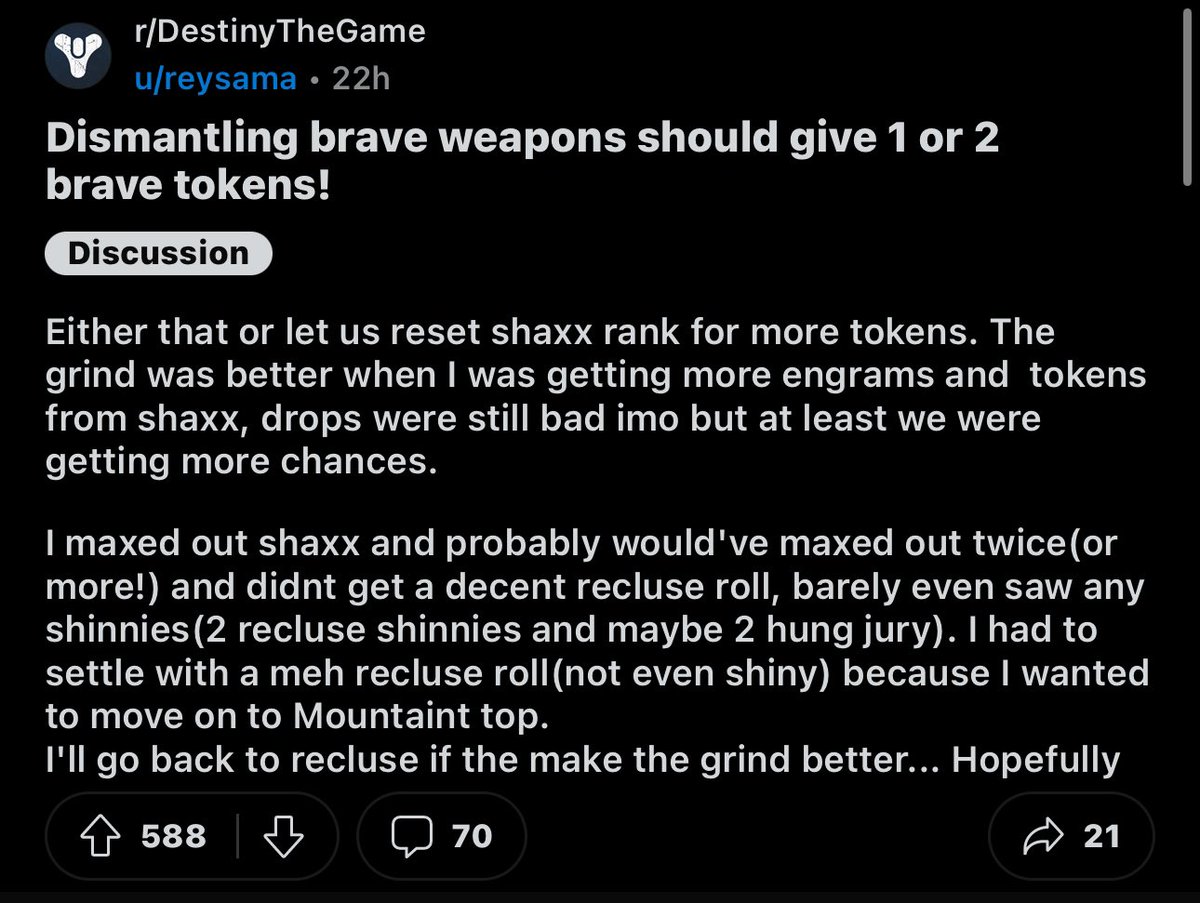 “Dismantling brave weapons should give 1 or 2 brave tokens!” | #Destiny2 

Thoughts?