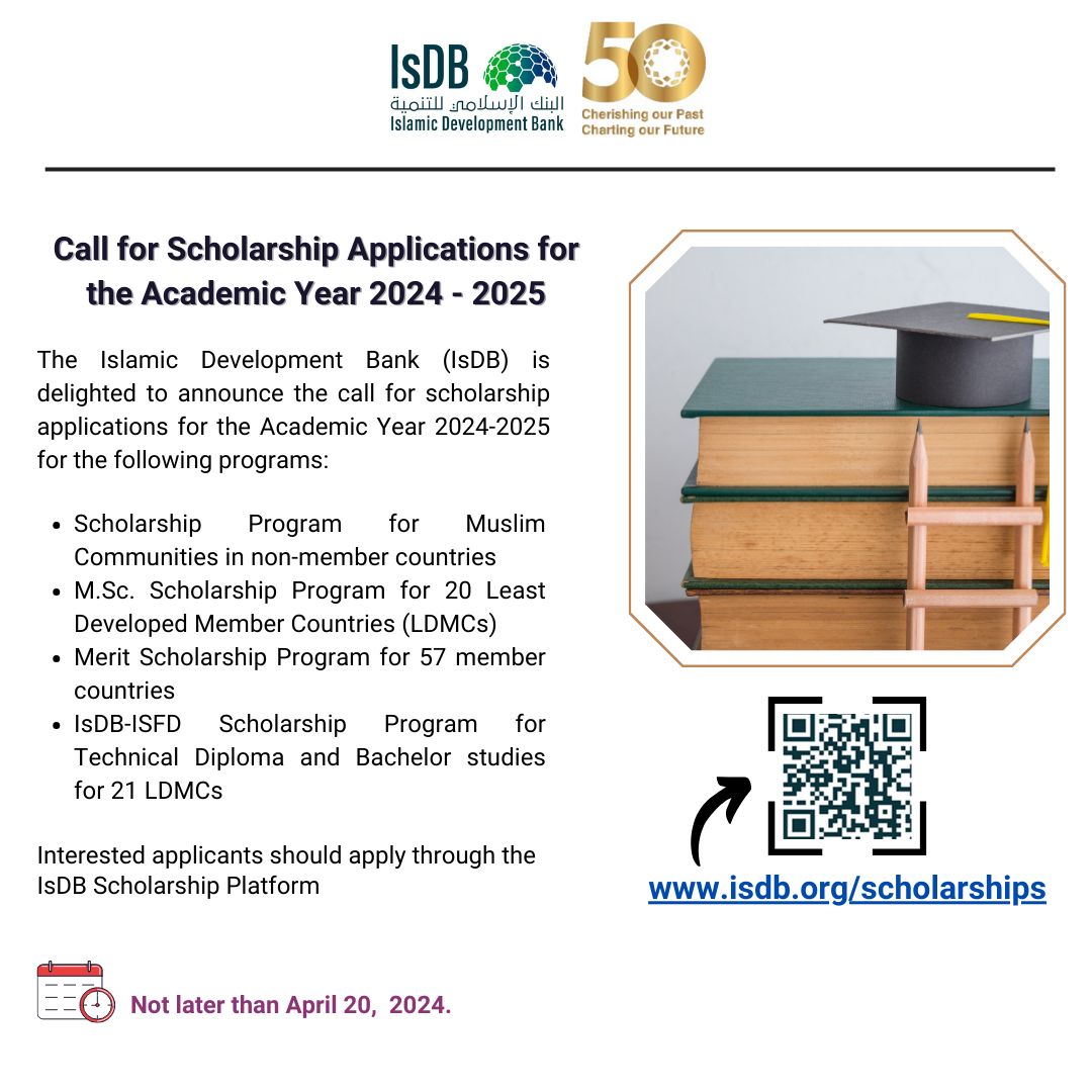 🌟 Don't miss out! Applications for the IsDB Scholarship 2024-25 are now OPEN! Fully-funded opportunities for Bachelor, Master, PhD, and Post Doc programs. Deadline: April 20, 2024. Apply now: bit.ly/447rIQX

#IsDB #Scholarship #EducationForAll 📚✨