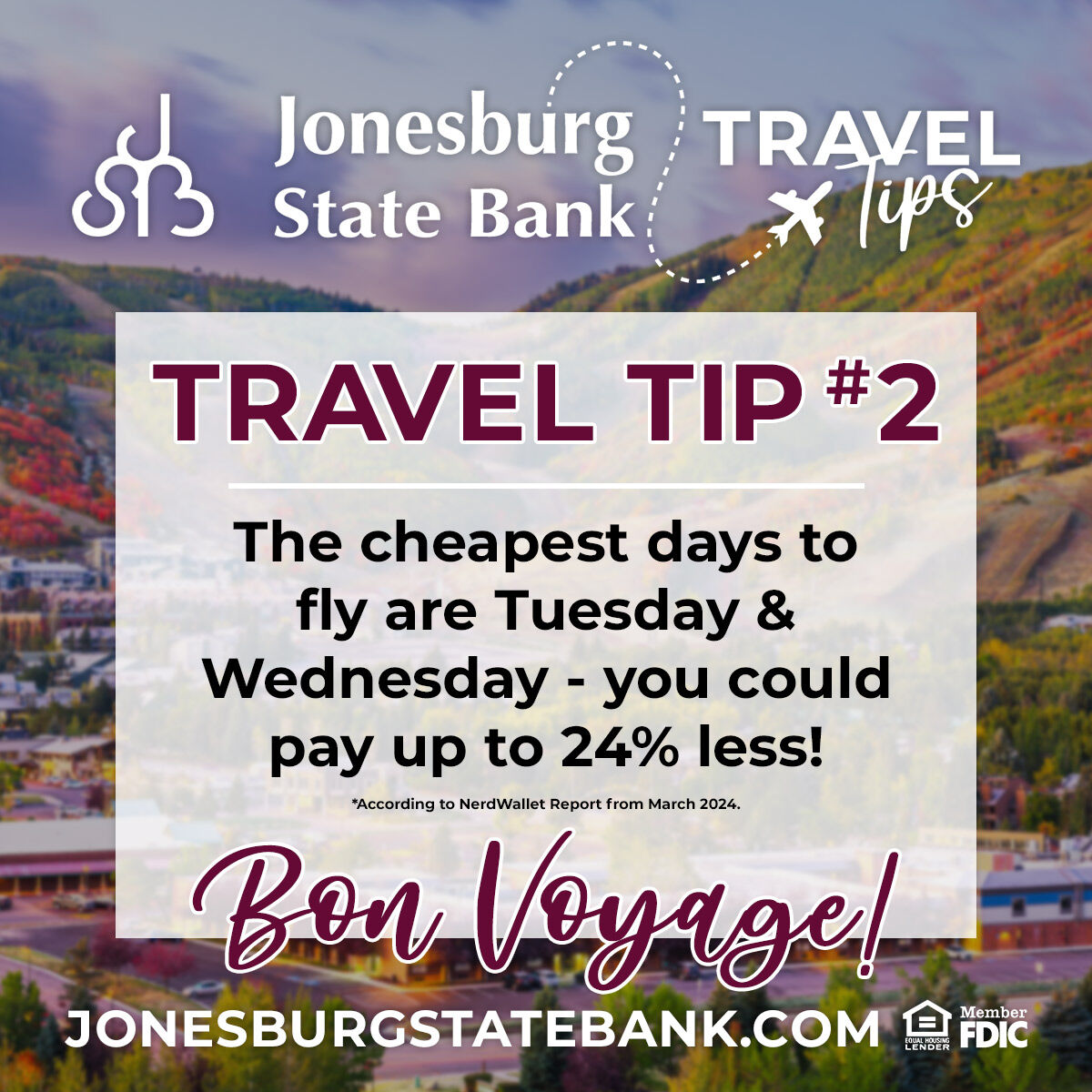 ✈️ Planning your next getaway? Save big by flying on Tuesday or Wednesday! ✈️
According to experts, these are the cheapest days to fly, possibly saving you up to 24%! Make your travel budget go further! 🌍 #TravelTip #SaveOnFlights

Explore more ➡ bit.ly/2y376hE