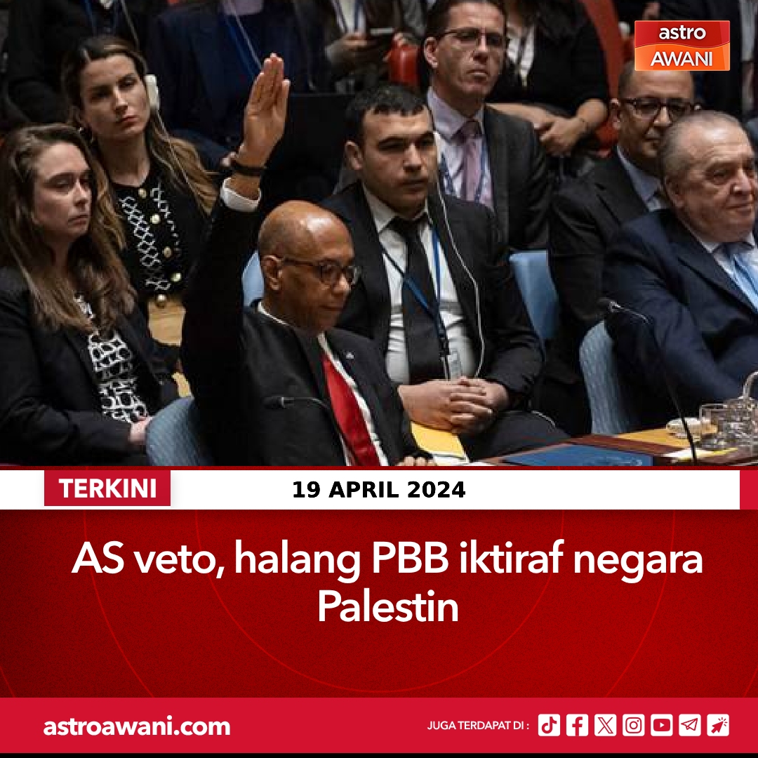 501Awani's tweet photo. Amerika Syarikat (AS) menghalang Pertubuhan Bangsa-Bangsa Bersatu (PBB) daripada mengiktiraf negara Palestin dengan memberikan veto dalam Majlis Keselamatan untuk menafikan keahlian penuh Pihak Berkuasa Palestin dalam badan dunia itu.

AS berkata sebuah negara Palestin yang merdeka harus ditubuhkan melalui rundingan terus antara Israel dan Pihak Berkuasa Palestin dan bukan melalui tindakan PBB.

#AWANInews