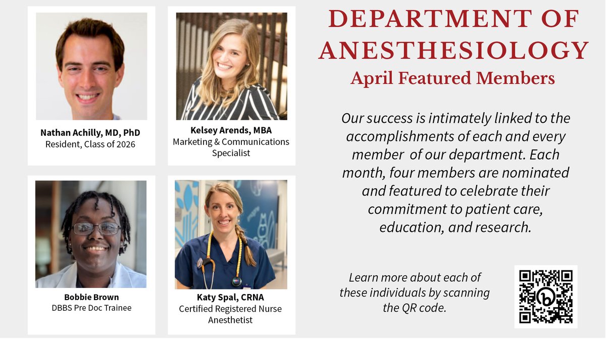 Congratulations to Nathan, Kelsey, Bobbie & Katy on being selected as featured members for the month of April! We appreciate all that you do for #WashUanesthesiology 👏 anesthesiology.wustl.edu/featured-anest…