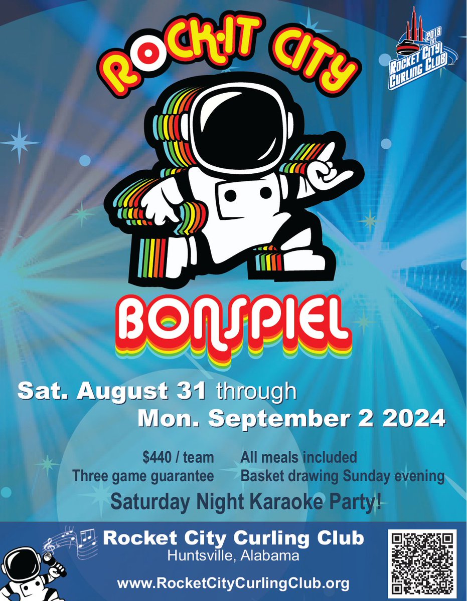 Rocket City Curling Club (@rocketcurling) on Twitter photo Registration is now open for our 5th annual Rock-It City bonspiel!
Come join us in Huntsville, AL over Labor Day weekend for our biggest tournament of the year: rocketcitycurlingclub.org/rock-it-city Registration is now open for our 5th annual Rock-It City bonspiel!
Come join us in Huntsville, AL over Labor Day weekend for our biggest tournament of the year: rocketcitycurlingclub.org/rock-it-city
