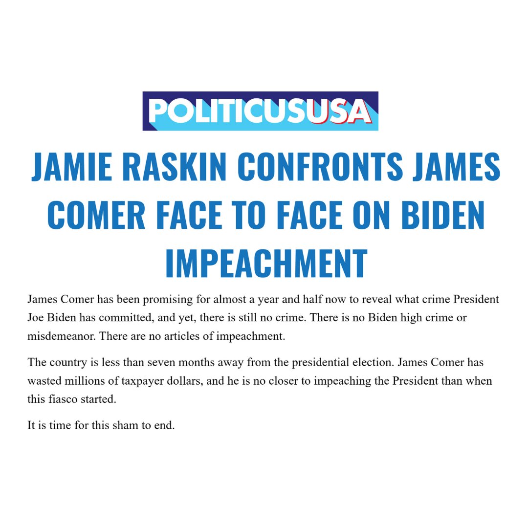 After 16 months, Chairman Comer can’t name the crime. That’s because all the evidence shows there isn’t one. Comer’s over-hyped “investigation” exonerated Biden and humiliated Comer. politicususa.com/2024/04/17/jam…