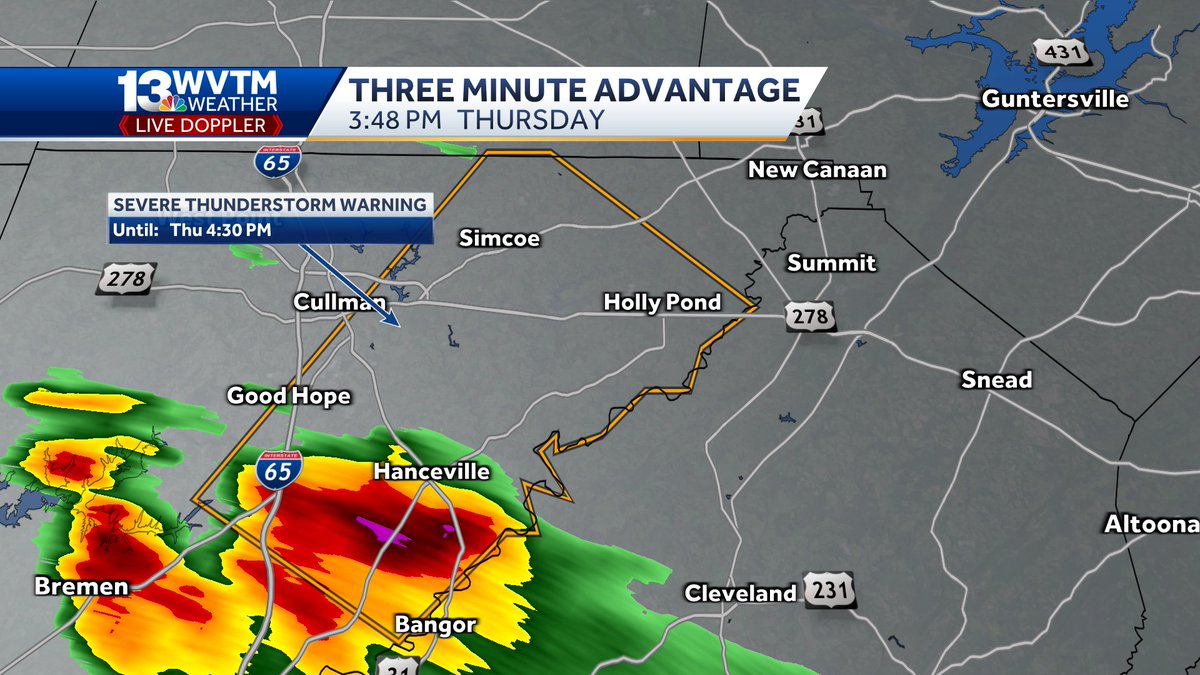 Severe thunderstorm warning for parts of Cullman county through 4:30pm. This storm is capable of producing hail up to 1' in diameter.